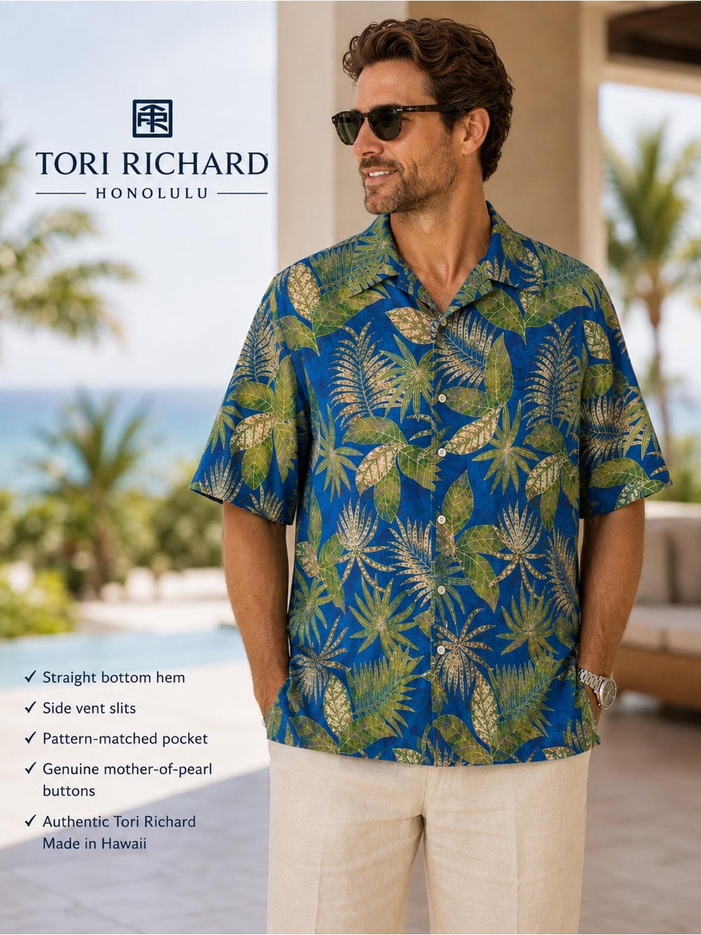 Tori Richard Hawaii Cotton Lawn Aloha Shirt Men’s Large Blue Palm Print Made USA